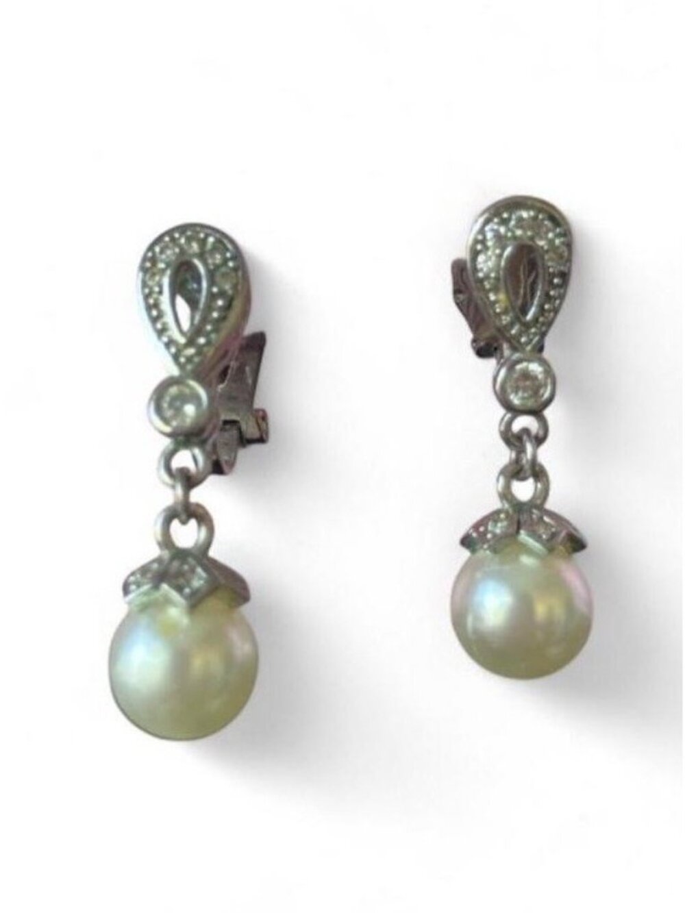 925 Sterling Silver Clip-On Dangle Drop Earrings with White Round Pearl